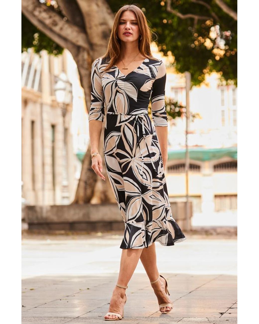 Sosandar Natural Floral Print Tie Waist Jersey Midi Dress
