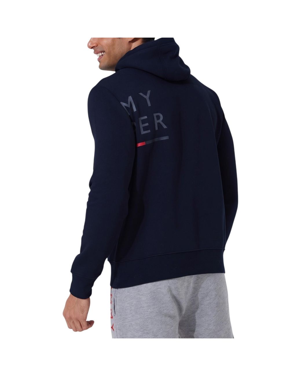 Tommy Hilfiger Blue Fleece Hoodie Wraparound Logo Pullover Hooded Crew Neck Top for men