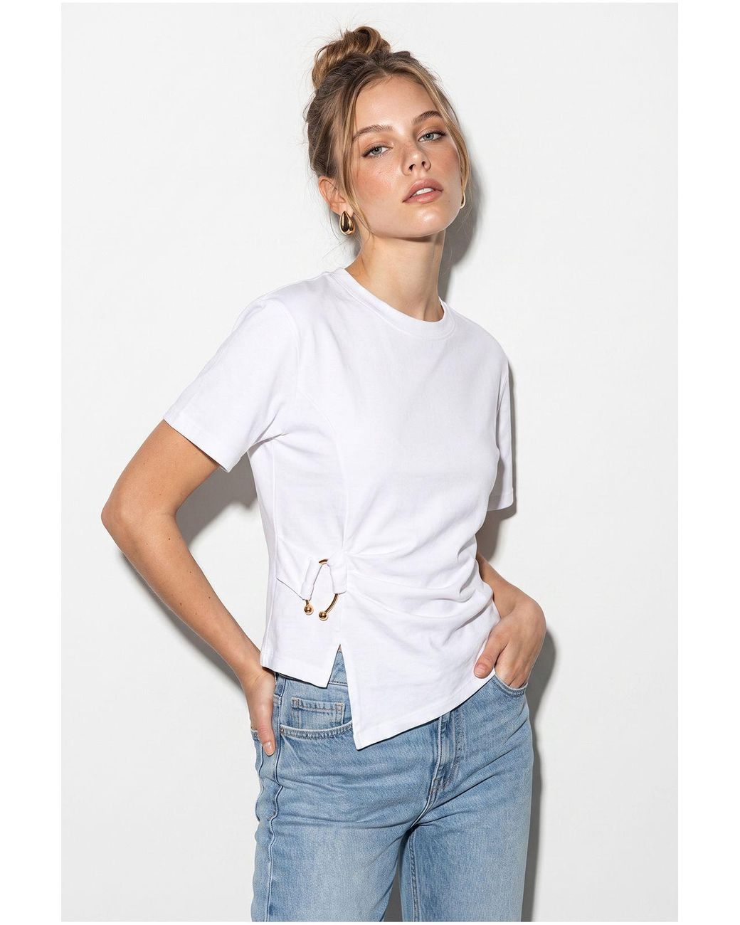 Bianco Lucci White Cotton Blend Crew Neck Blouse