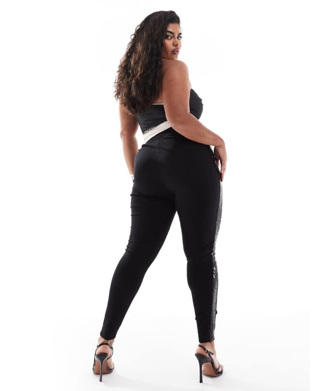 Yours Black Ponte Sequin Side Stripe Leggings