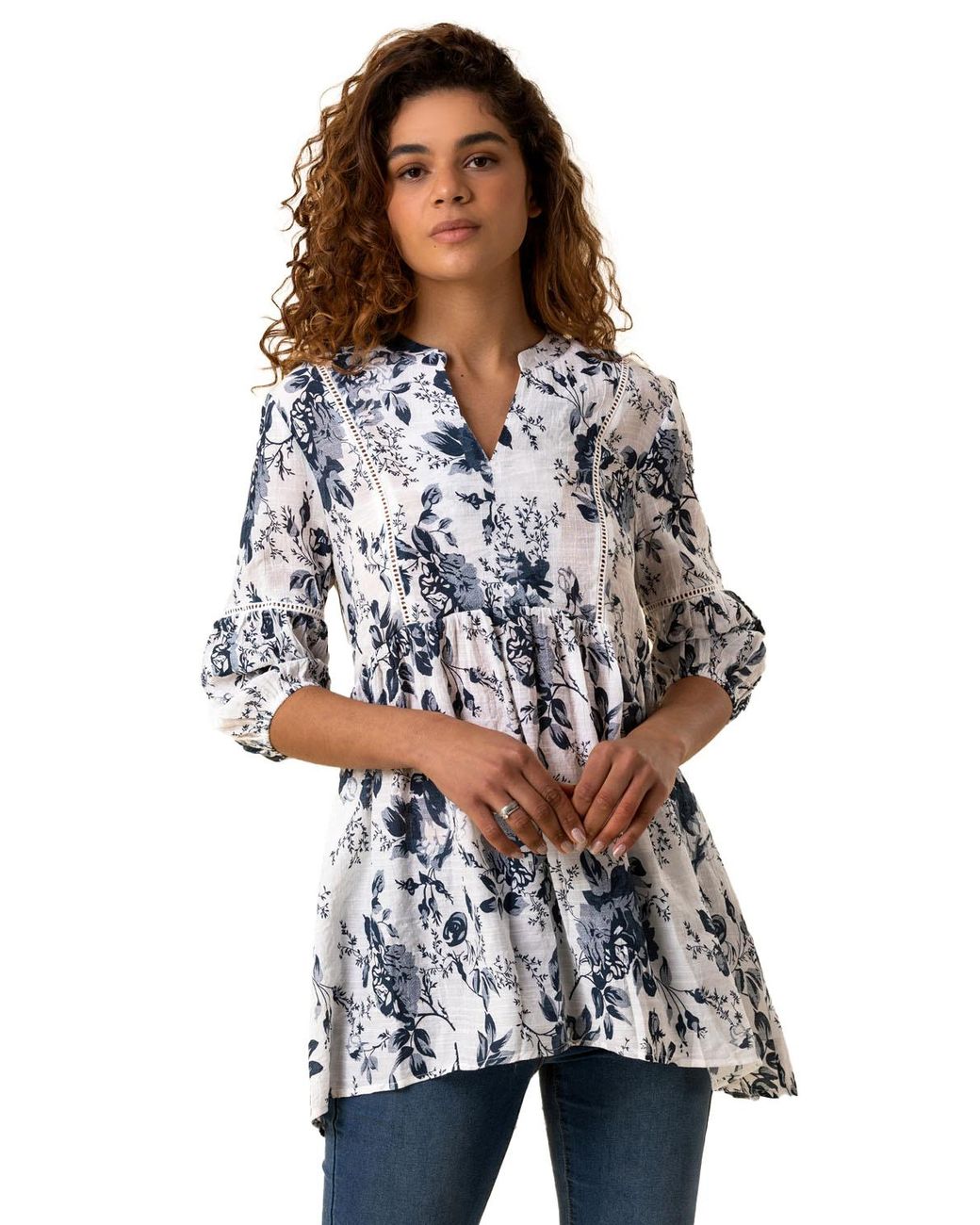Roman White Floral Print Notch Neck Top