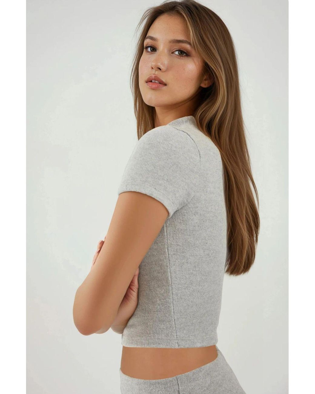 Hiccup Gray Slim Fit Knitted Crop Blouse