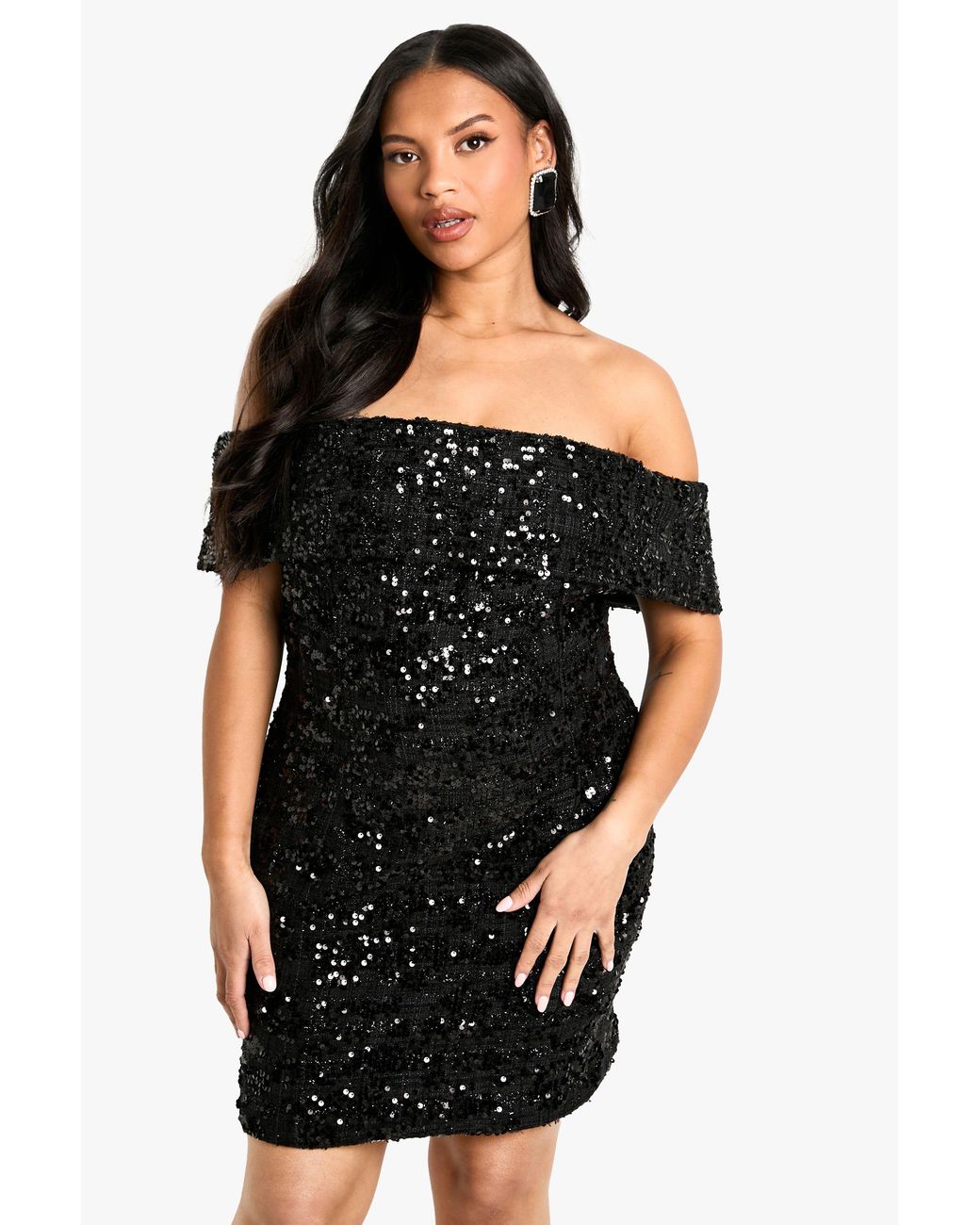 Boohoo Black Plus Off Shoulder Boucle Shift Dress