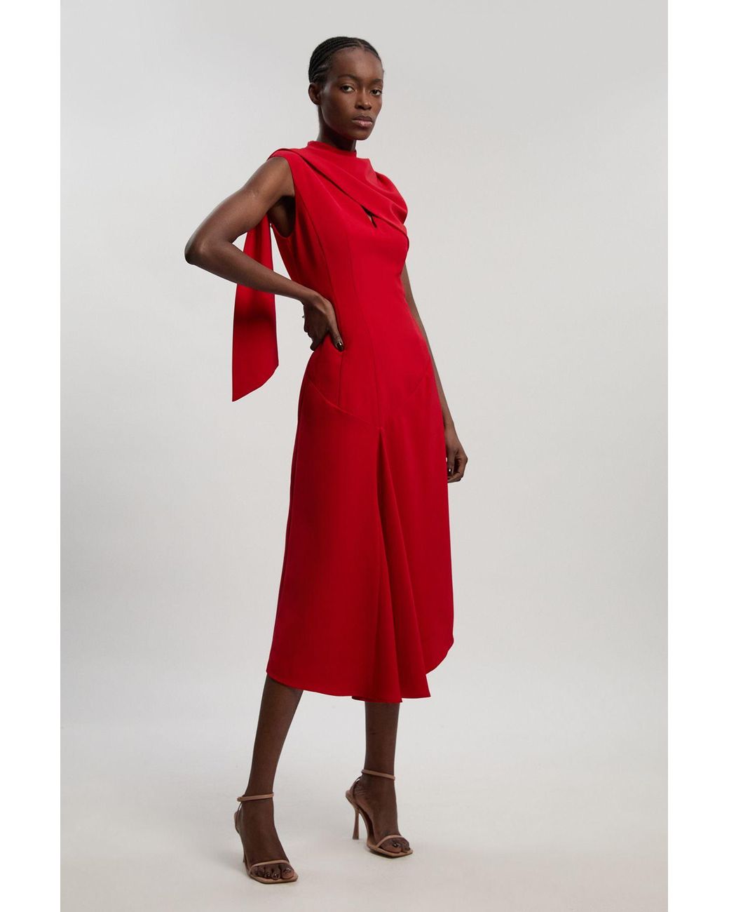 Karen Millen Tailored Crepe Cape Asymmetric Neck Detail Midi Dress