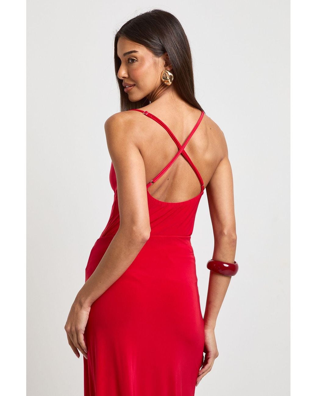 Boohoo Red Slinky V Neck Strappy Bodysuit