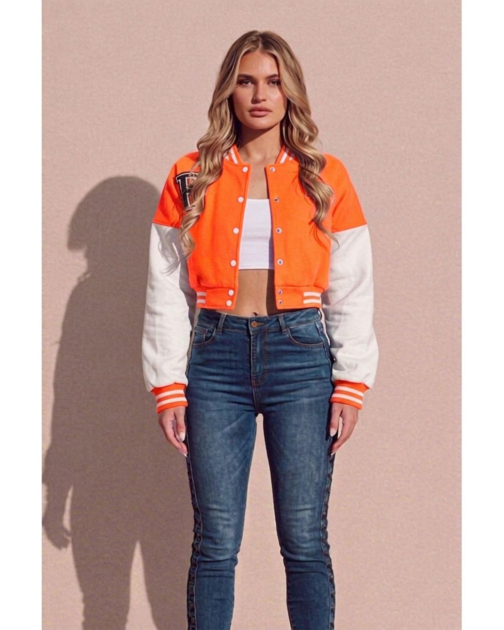 Femme Luxe Orange Varsity Slogan Contrast Sleeve Bomber