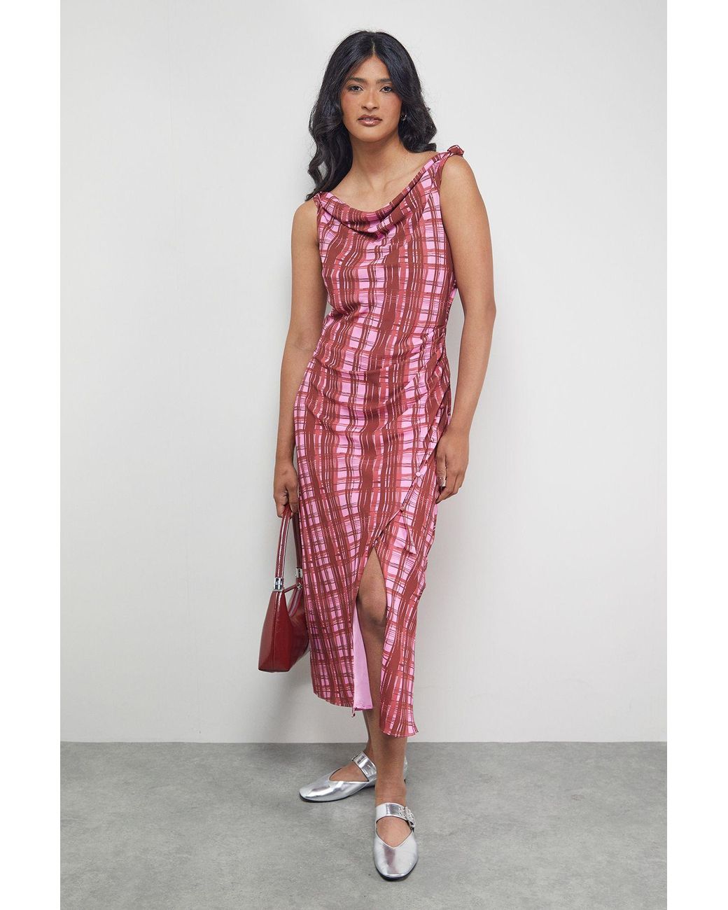 Warehouse Red Tony Chiffon Cowl Button Wrap Midi Slip Dress