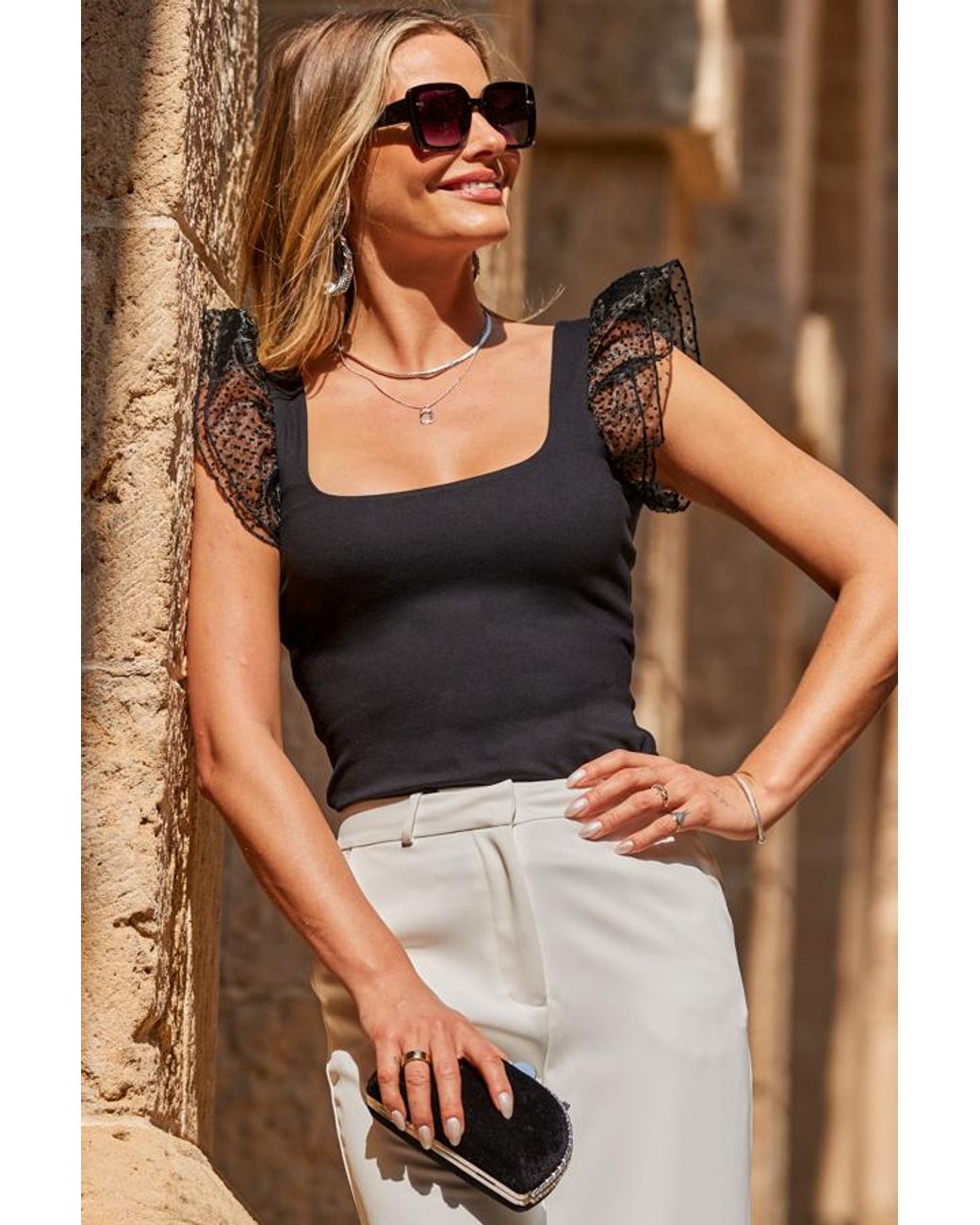Sosandar Brown Organza Ruffle Sleeve Jersey Top Denim