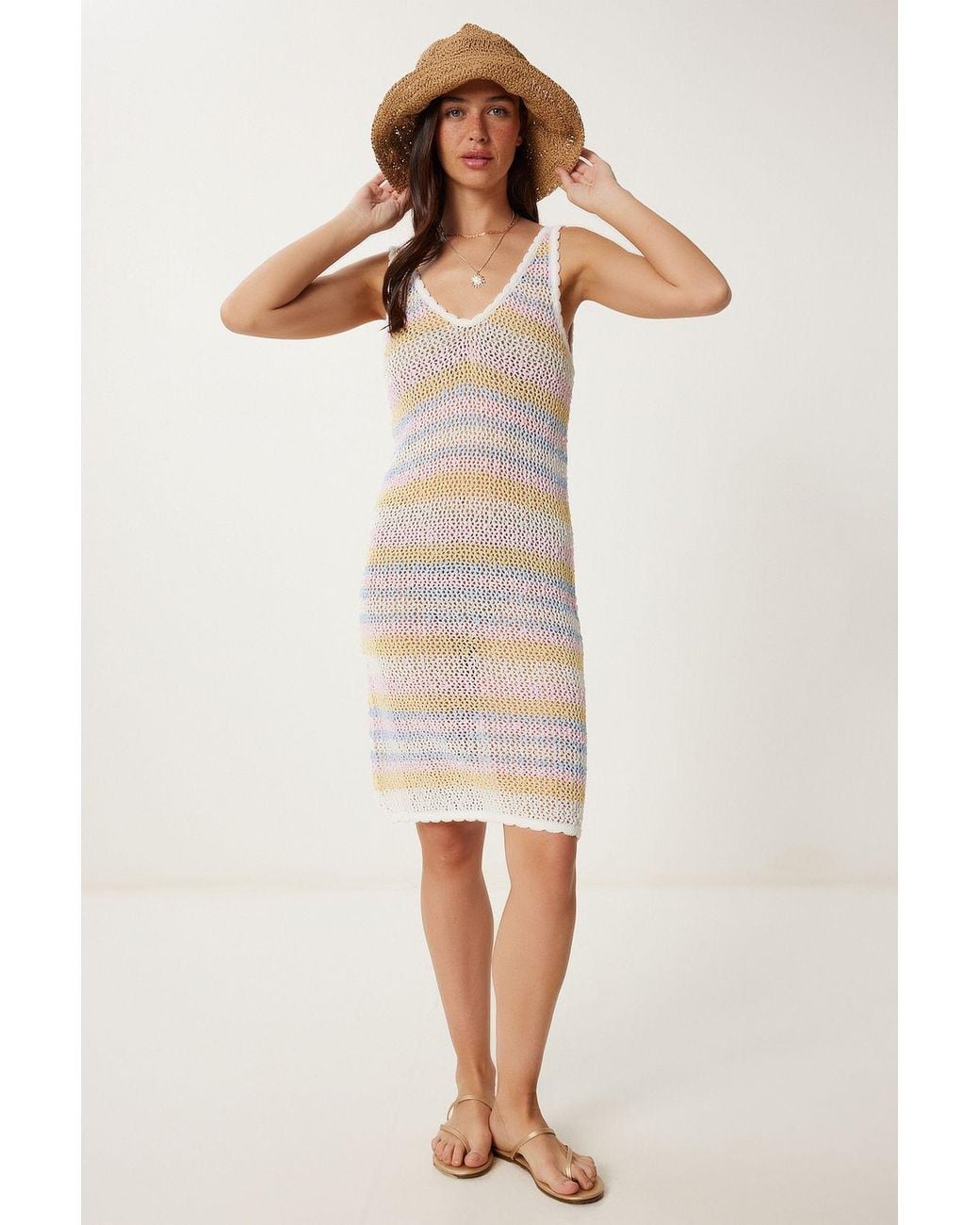 Happiness İstanbul Yellow Striped V-Neck Bodycon Knit Dress