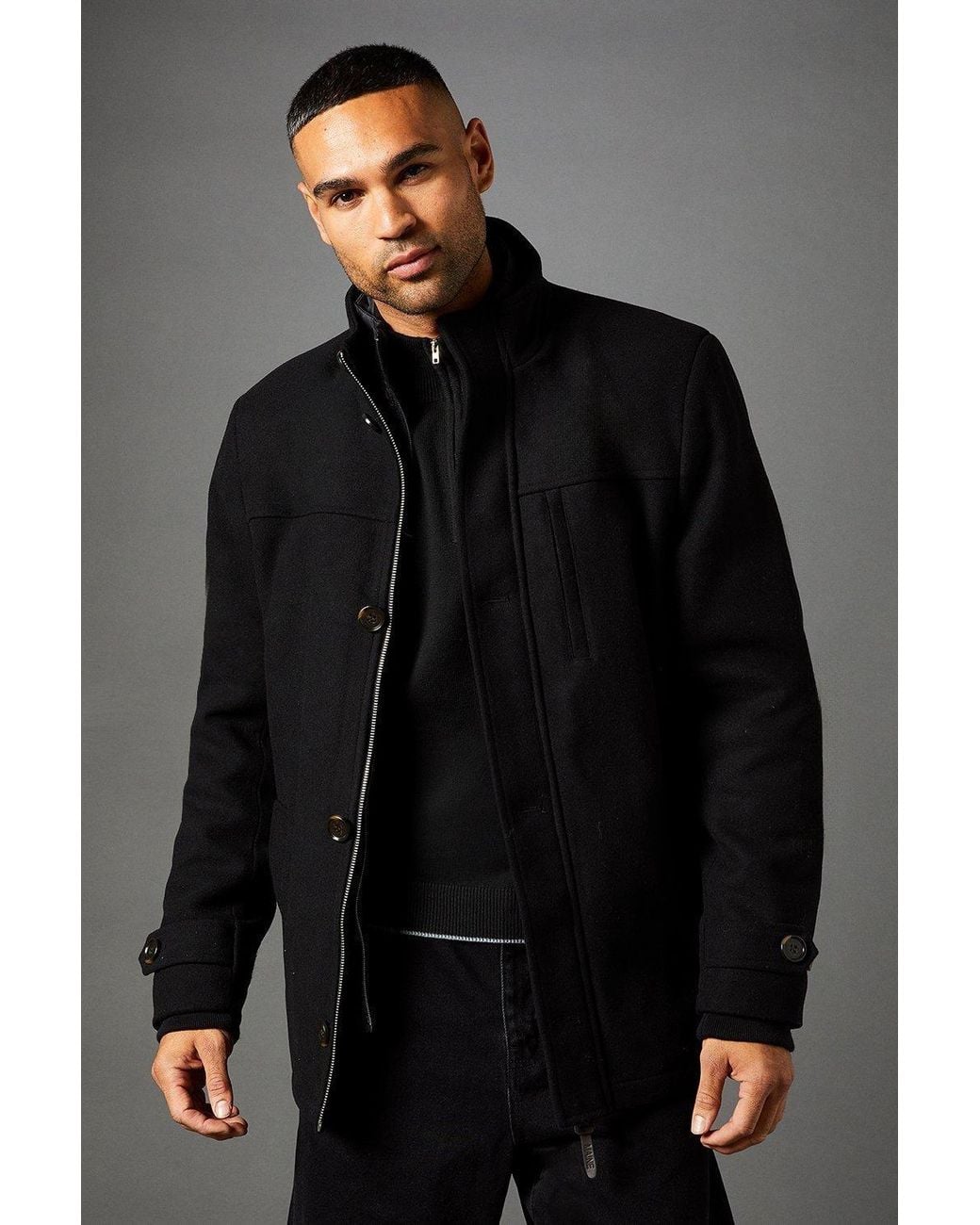 MAINE Gray Funnel Neck Wool Blend Jacket for men