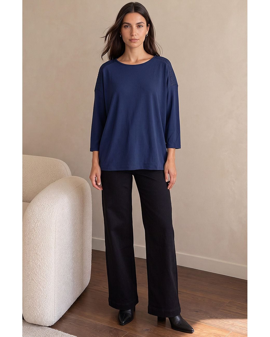 Roman Blue Embroidered Shoulder Stretch Top
