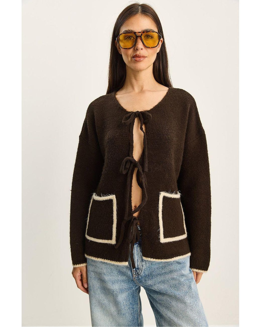 Bianco Lucci Black Oversized Knit Cardigan With Tie Closure