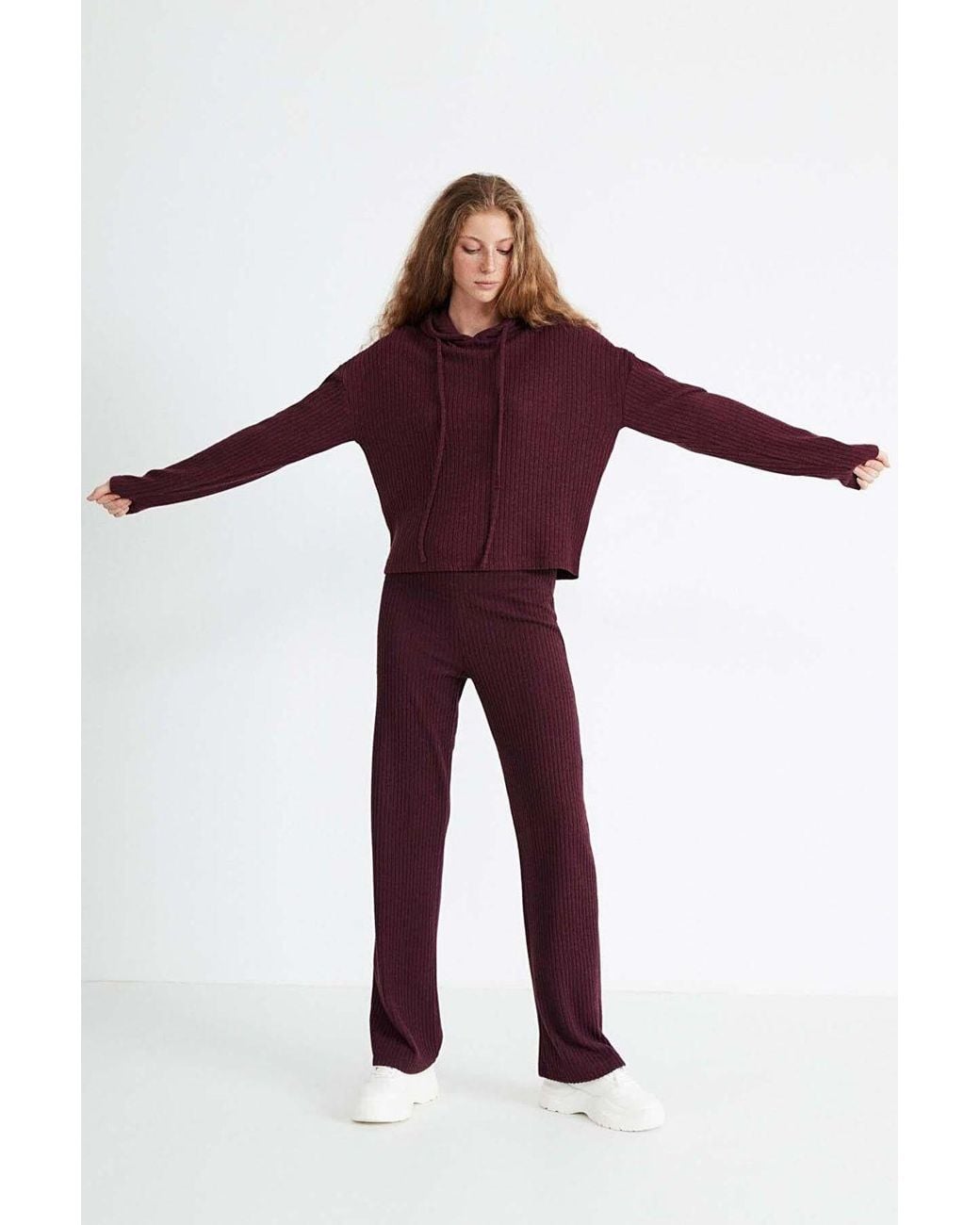 Grimelange Red Plain Hooded Ribbed Sweatshirt