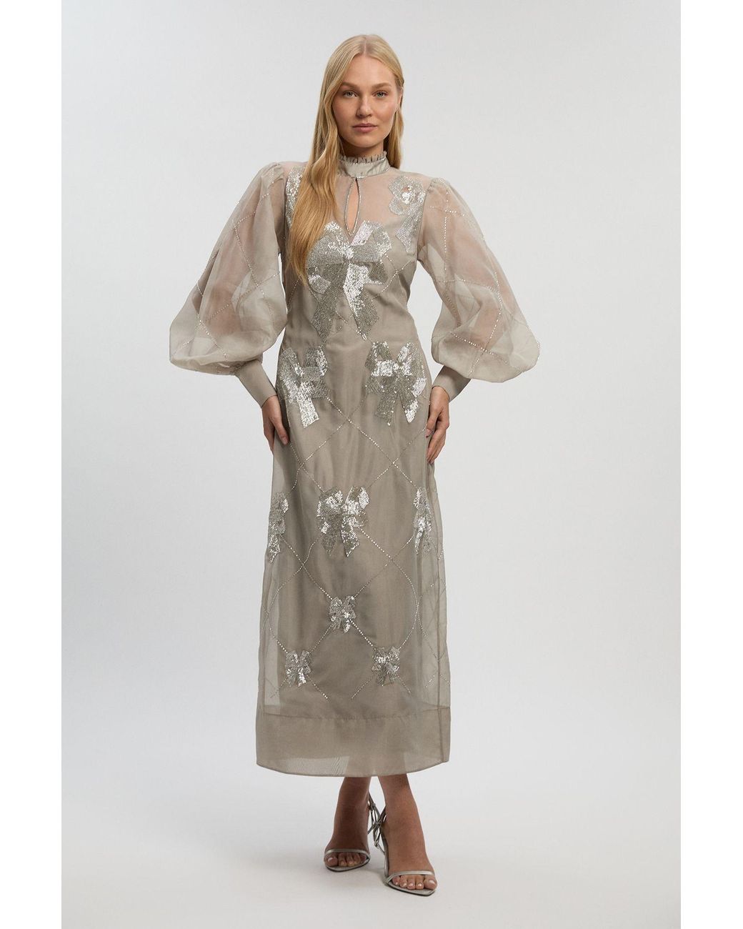 Karen Millen Metallic Crystal Embellished Organdie Balloon Sleeve Midi Dress