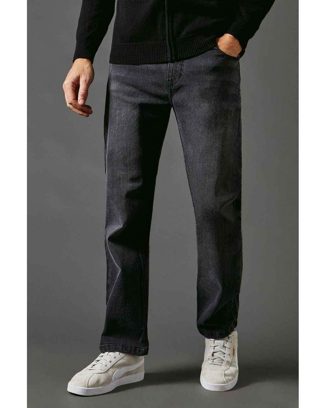 MAINE Black Washed Stretch Straight Leg Jeans Cotton for men