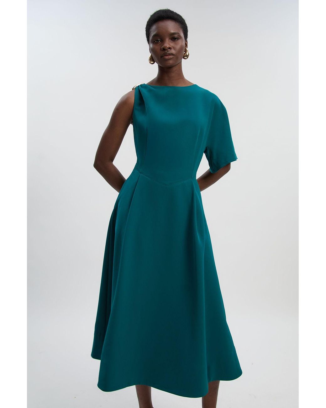 Karen Millen Green Soft Tailored Trim Detail Full Skirt Midi Dress