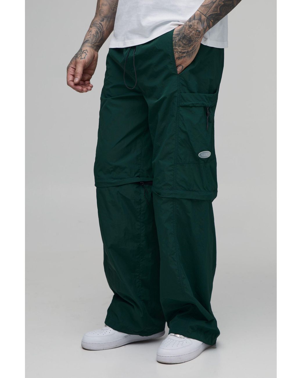 BoohooMAN Green Tall Baggy Fit Zip Off Cargo Utility Track Pants for men