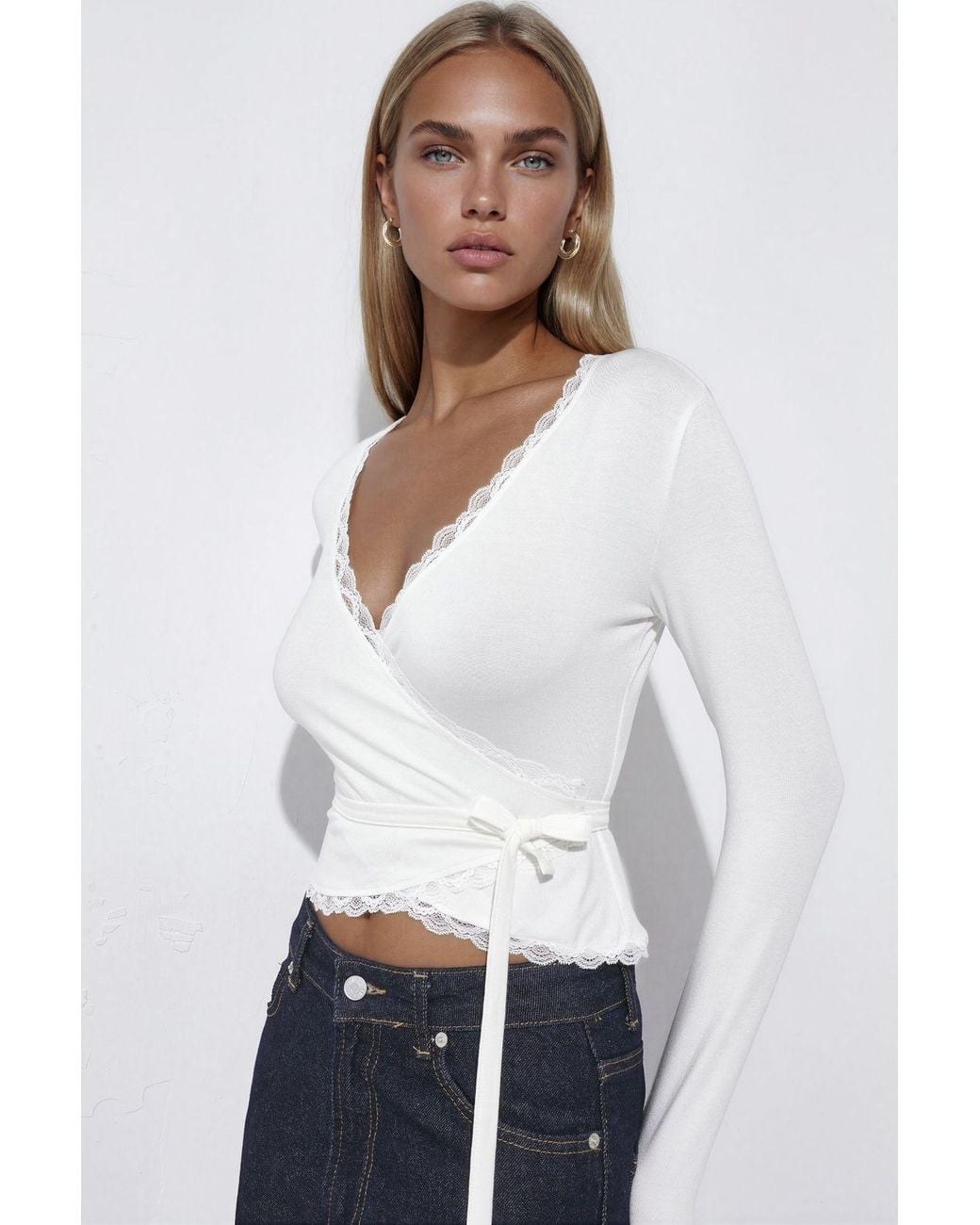 Hiccup White Wrap Lace Detail Soft Knit Crop Top