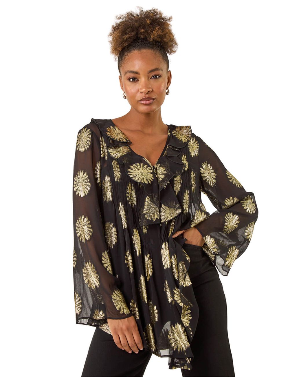 Roman Black Floral Jacquard Frill Buttoned Blouse