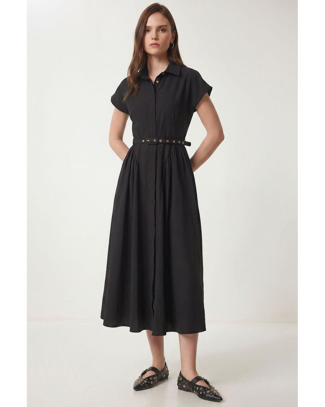 Happiness İstanbul Black Belted Poplin Shirt Midi Dress