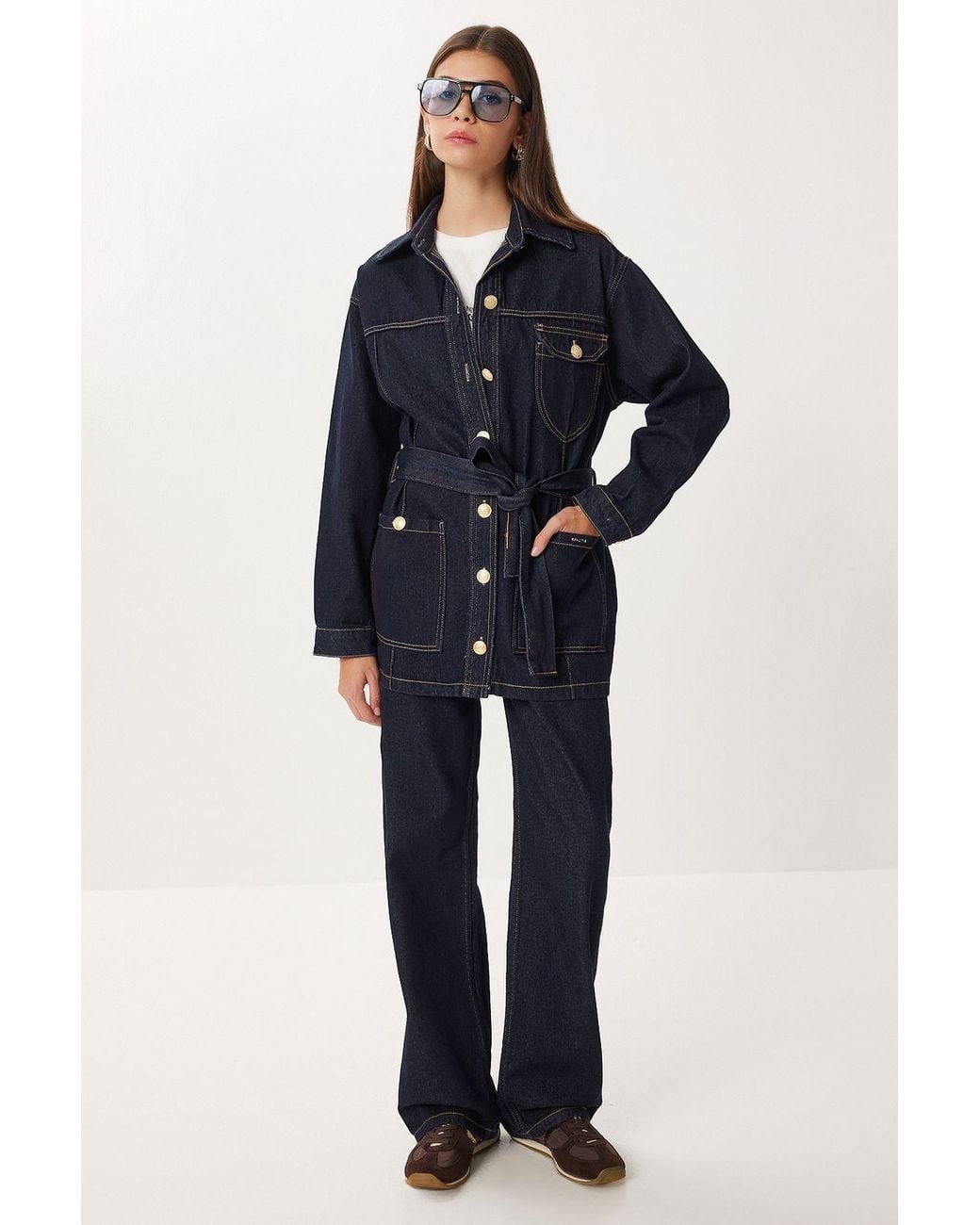 Happiness İstanbul Blue Belted Denim Jacket And Wide Leg Pants Two-Piece Set