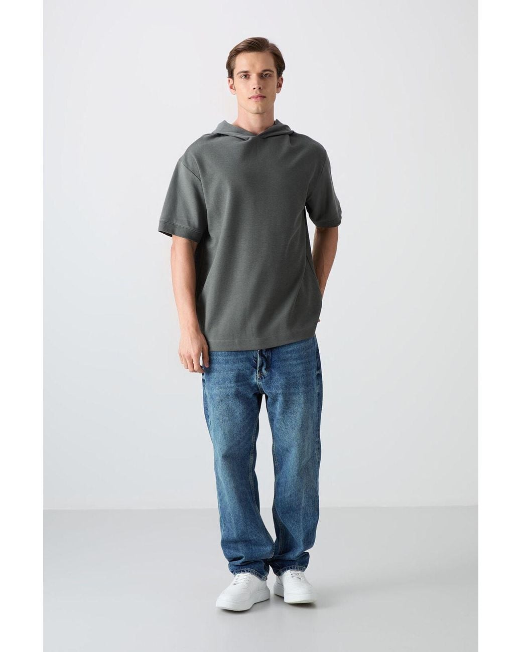 TOMMY LIFE Gray Oversized Hooded Short-Sleeve T-Shirt for men