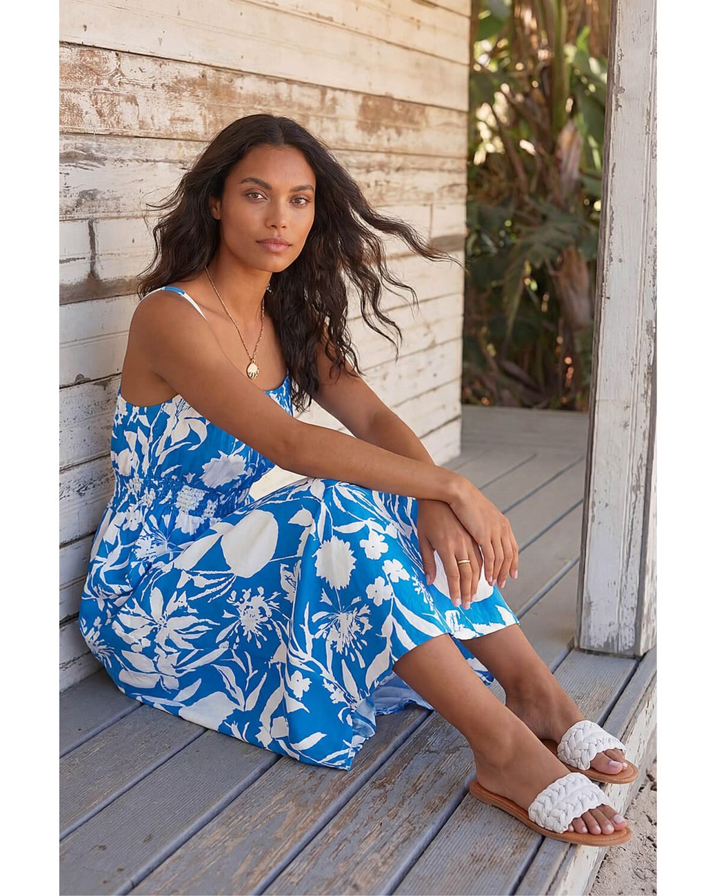 Roman Blue Shirred Waist Strappy Midi Dress