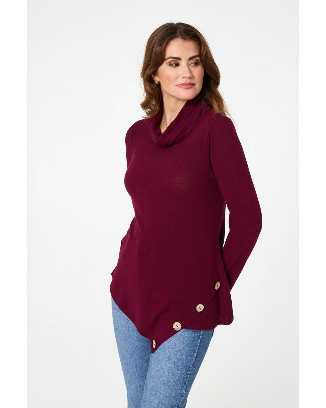 Izabel London Red Cowl Neck Asymmetric Long Sleeve Top