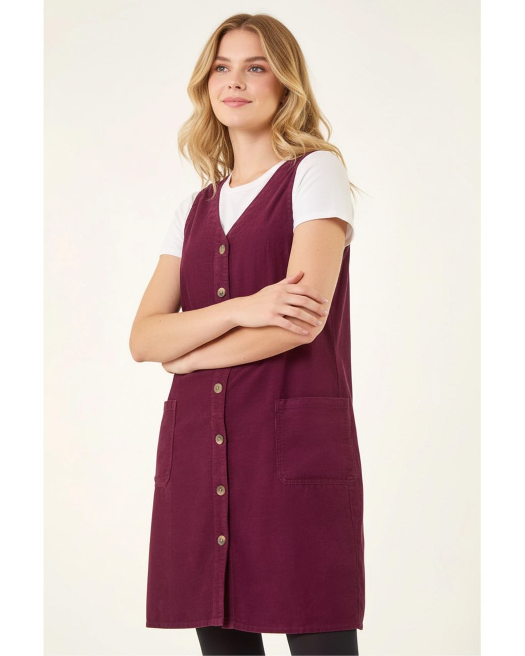 Roman Purple Cotton V-Neck Button Pocket Dress