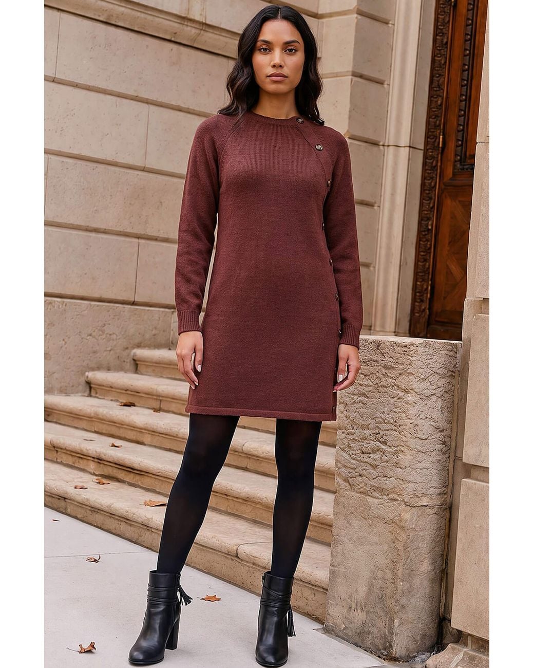 Roman Brown Side Button Knit Shift Dress