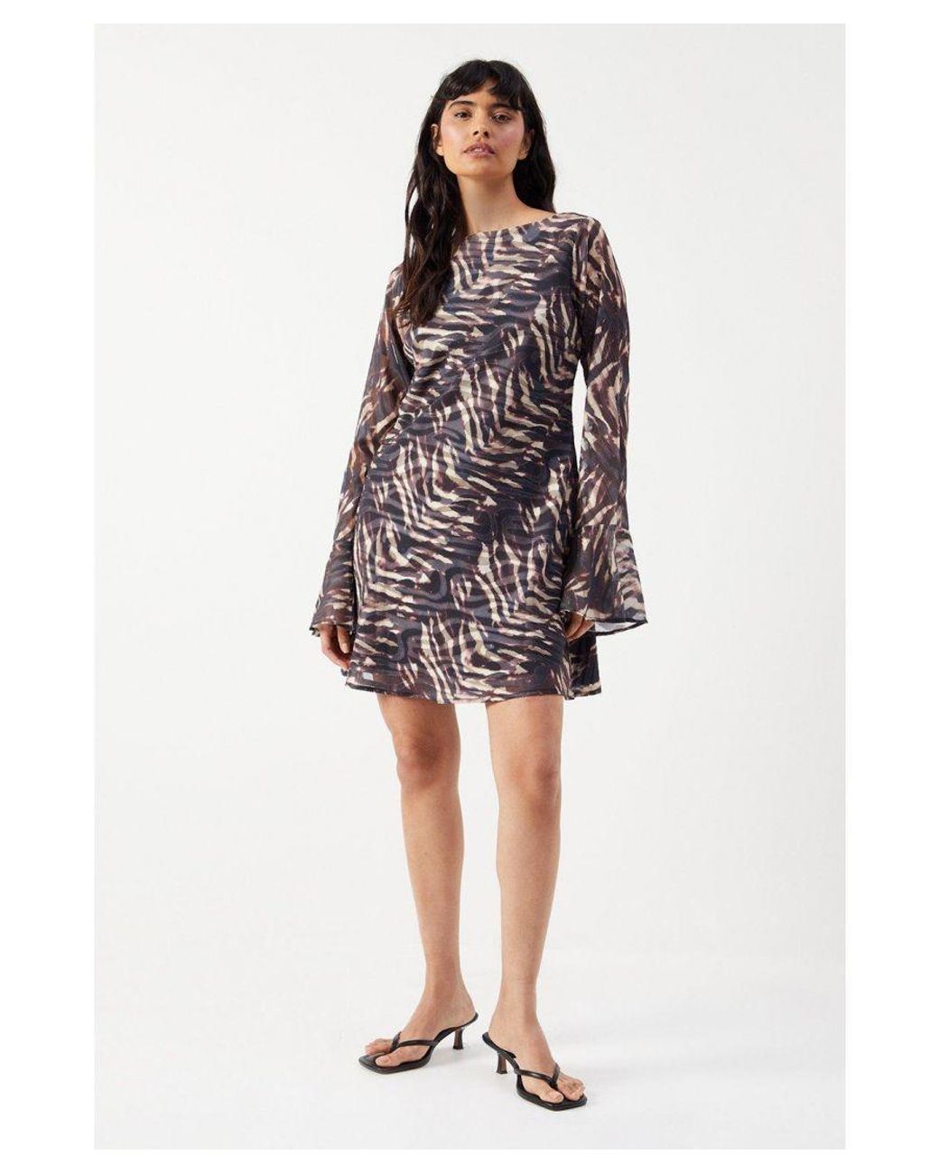 Warehouse Brown Zebra Burnout Chiffon Bias Tie Back Mini Dress