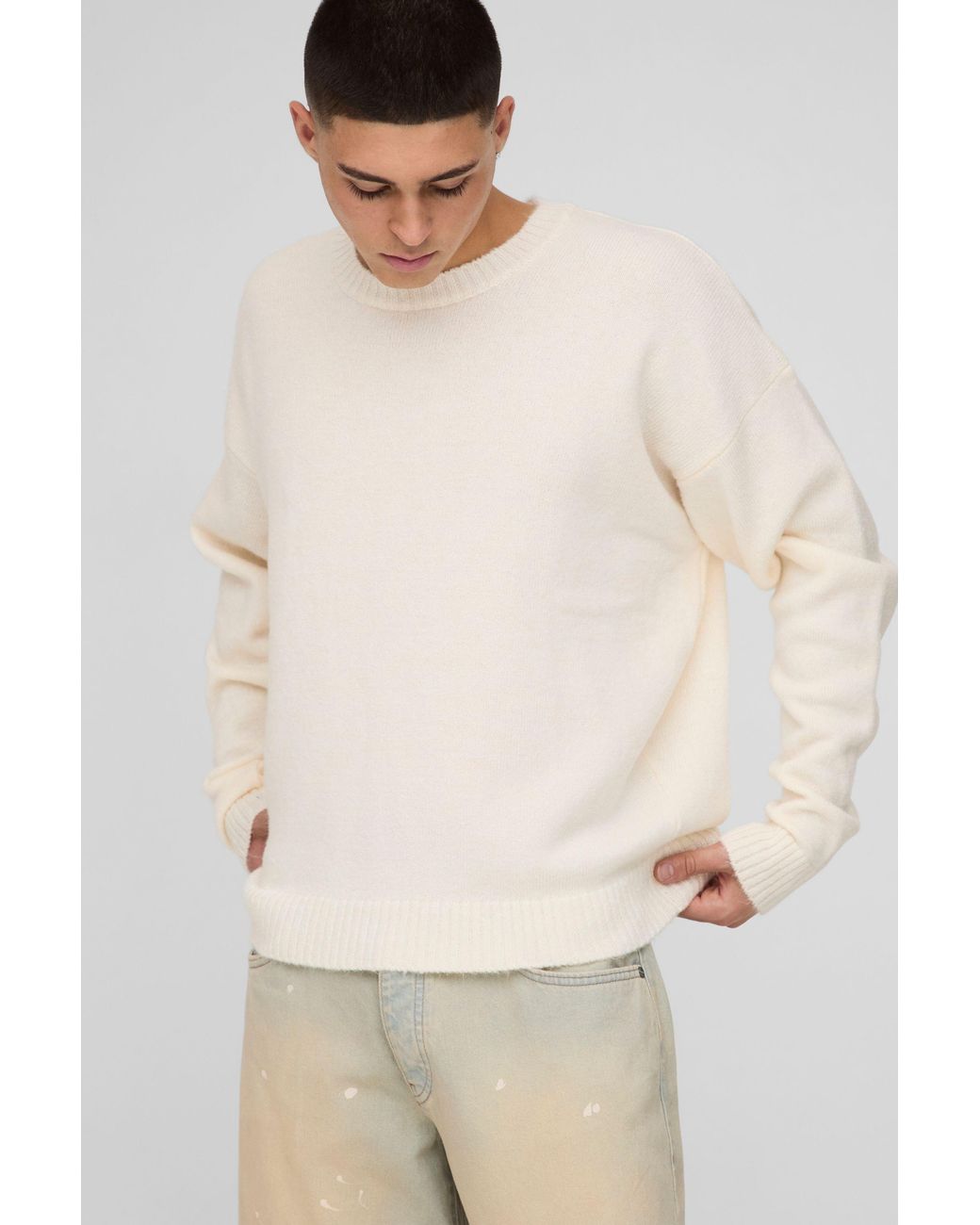 BoohooMAN Natural Oversized Boxy Brushed Knitted Sweater for men
