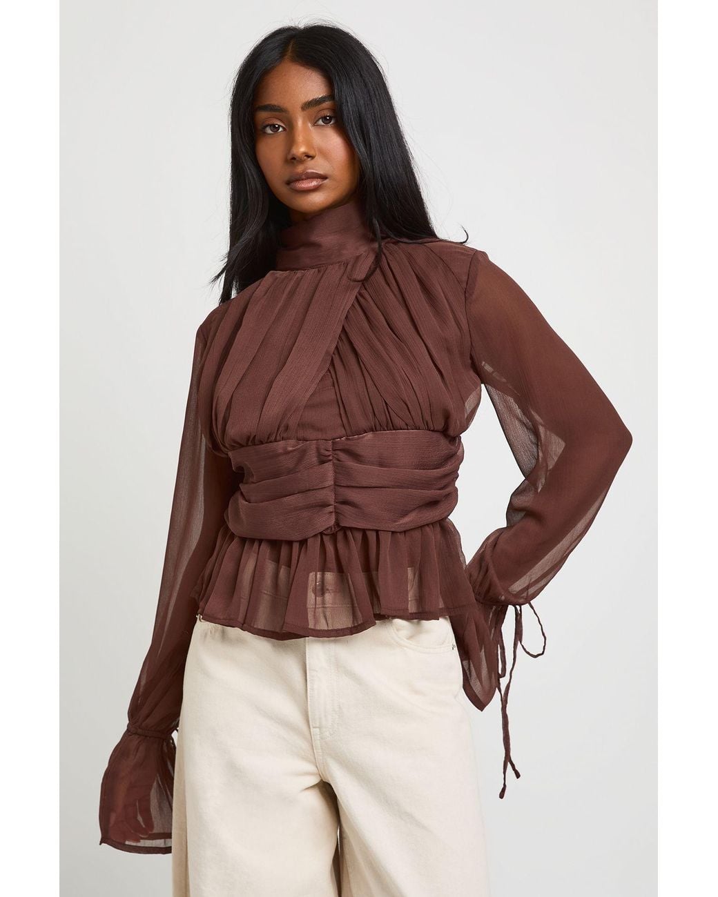 Boohoo Brown Gathered Blouson Sleeve Blouse