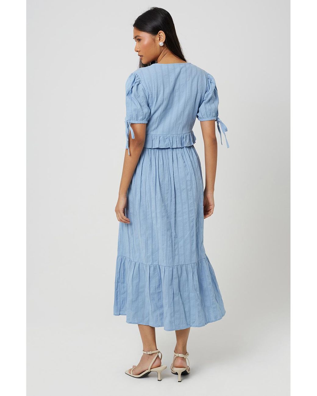 Brave Soul Blue Puff Sleeve Maxi Dress With Tie And Ruffle Details