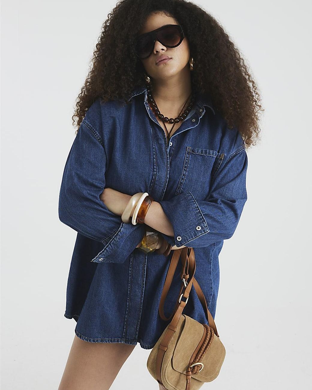 River Island Blue Shirt Mini Dress Denim Oversized Collared Cotton