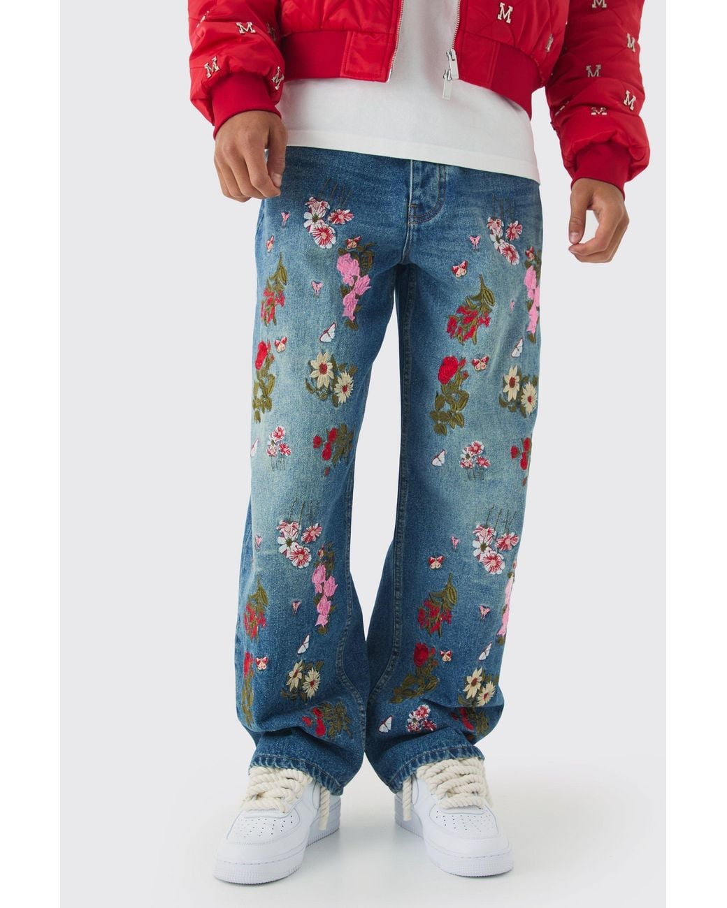 BoohooMAN Blue Baggy Fit Rigid Floral Embroidered Jeans for men
