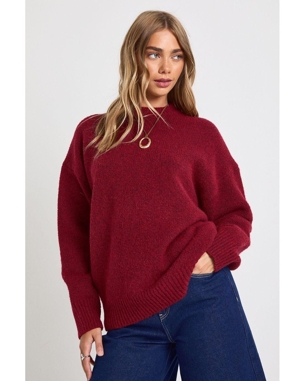 Boohoo Red Super Soft Chunky Knit Crew Neck Oversized Jumper