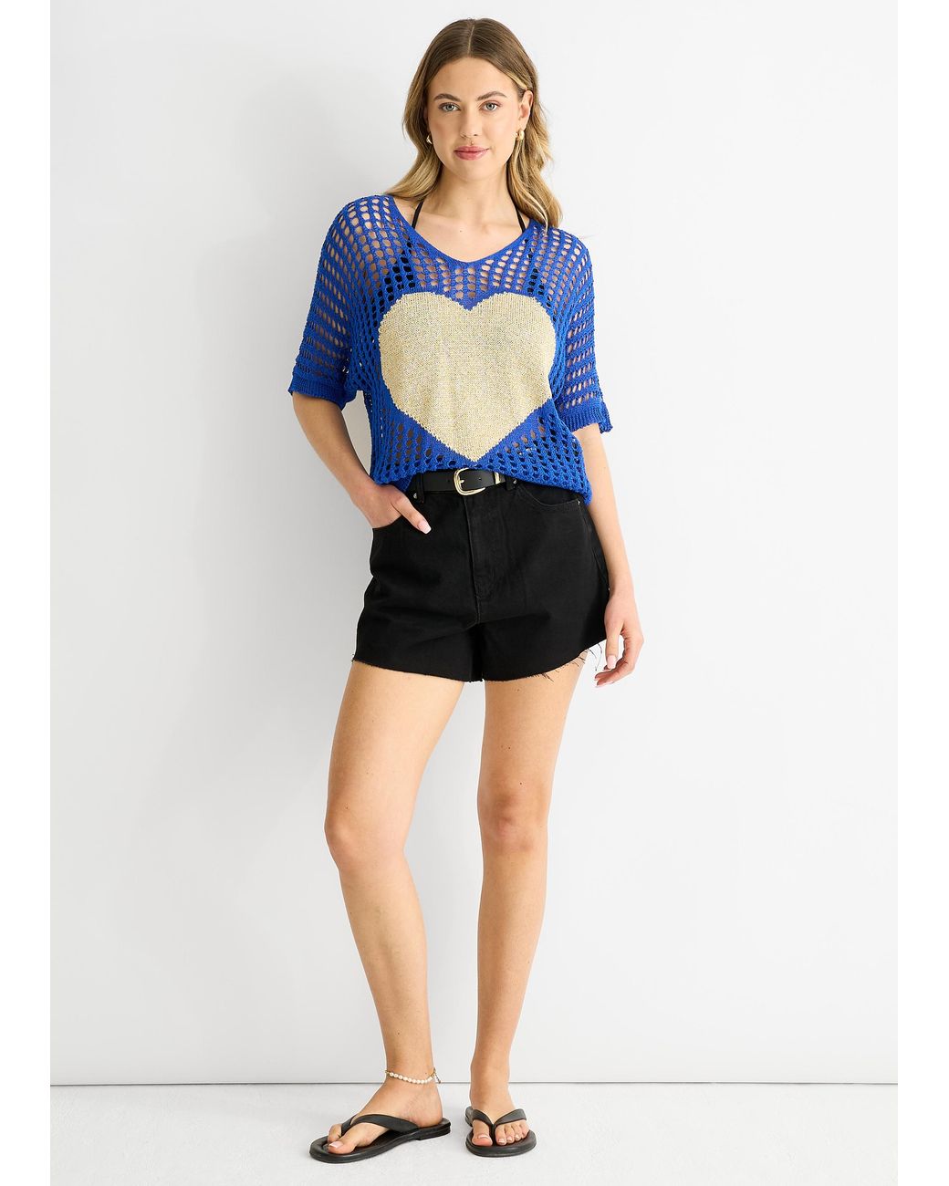 Gini London Blue Fish Net Heart Pattern Crochet Top