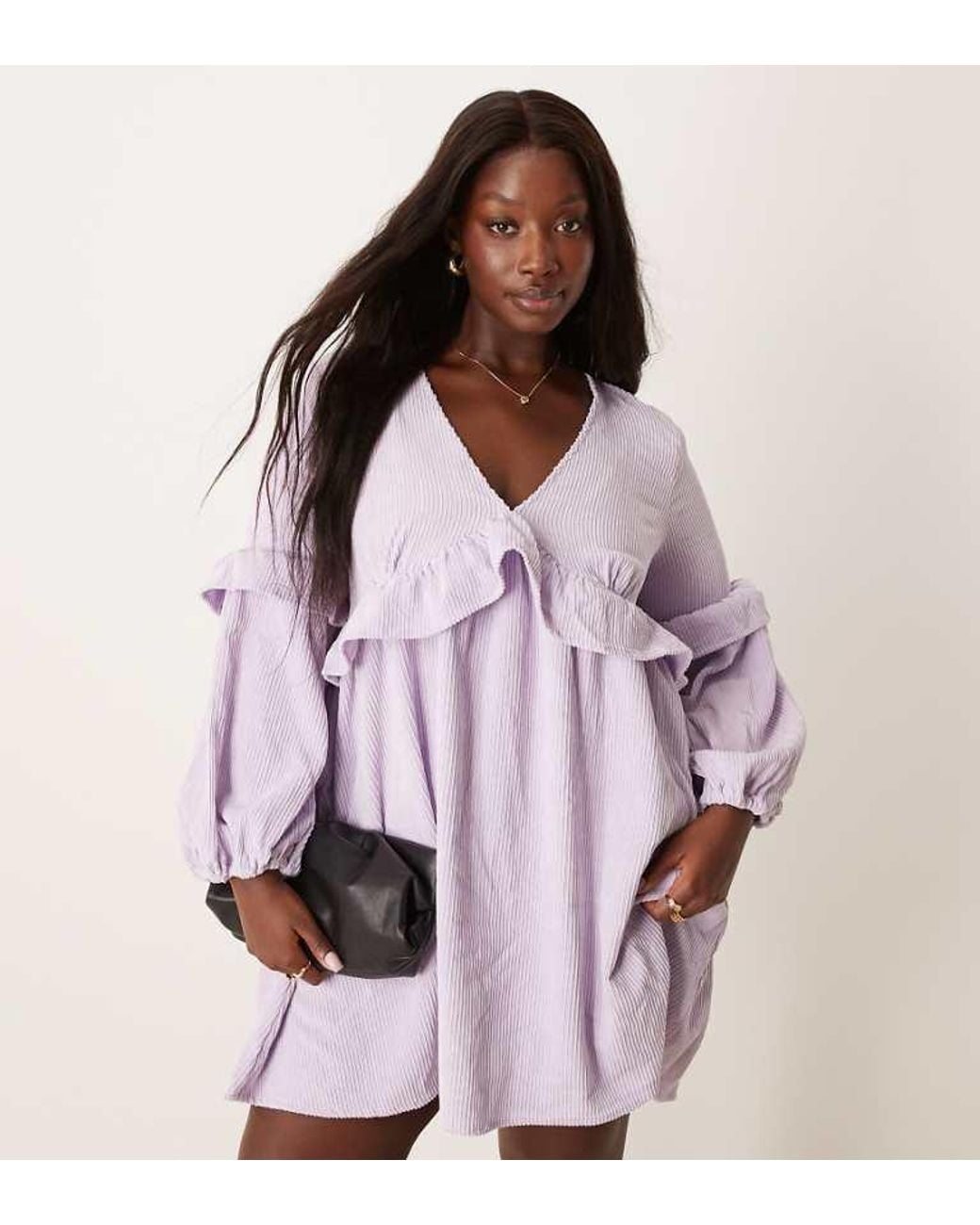 ASOS Purple Design Cord Smock Mini Dress With Frill Detail