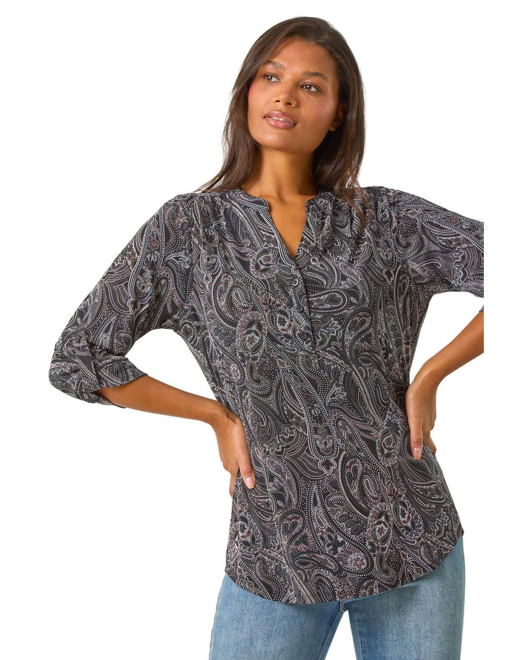 Roman Gray Textured Paisley Print Stretch Blouse