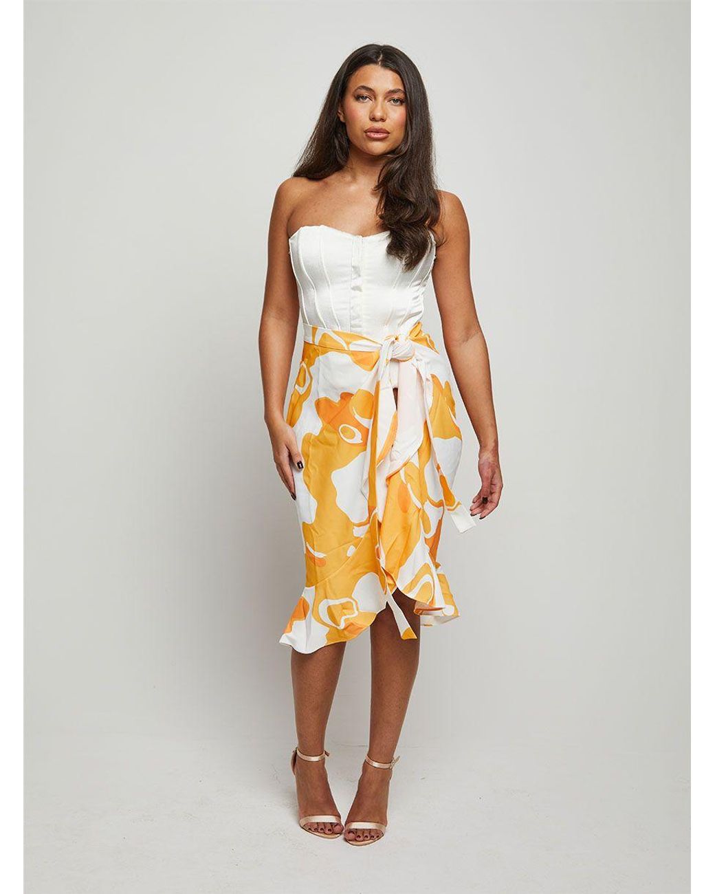 Chi Chi London White Ruffle Printed Wrap Midi Skirt