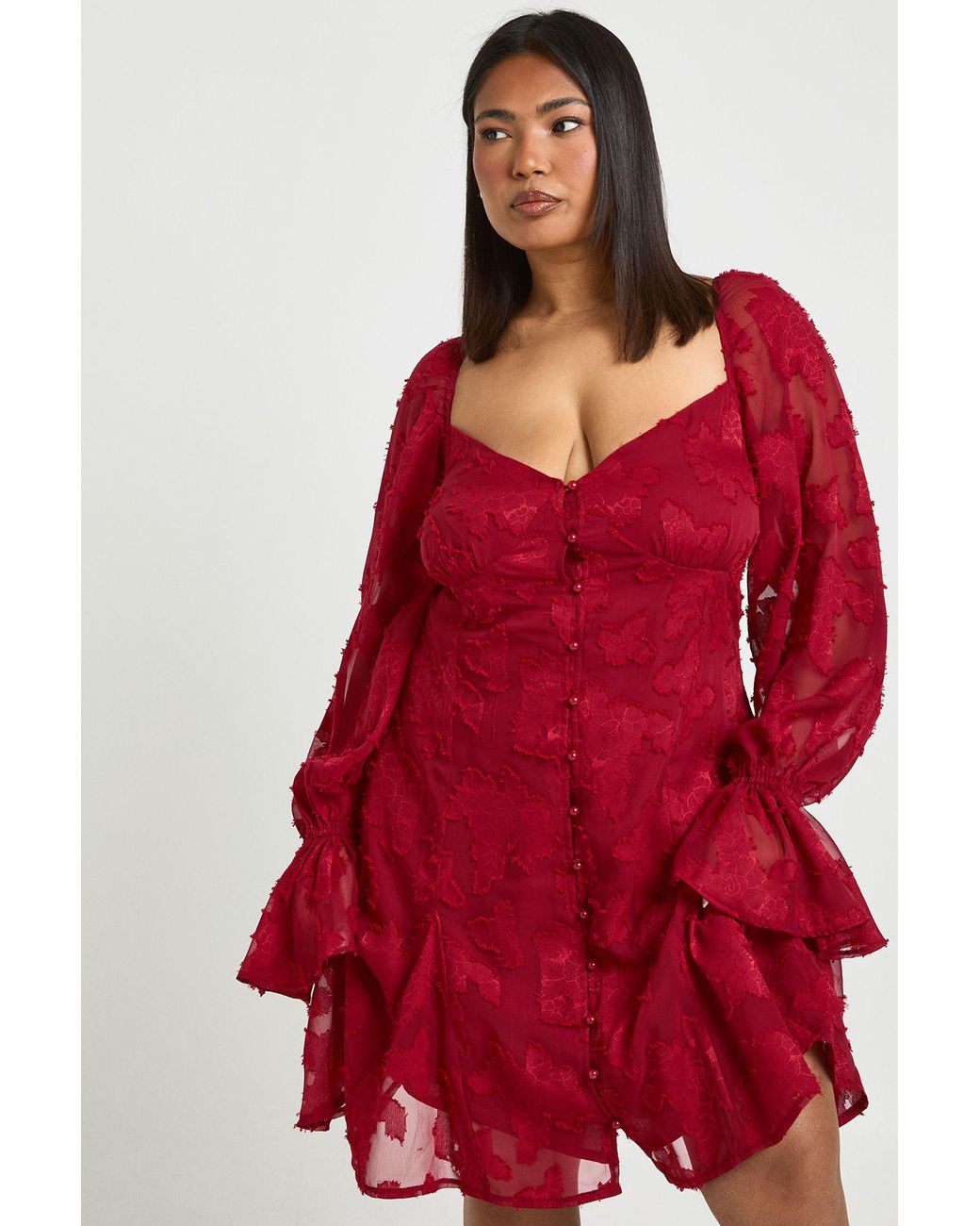 Boohoo Red Plus Burnout Floral Godet Hem Mini Dress