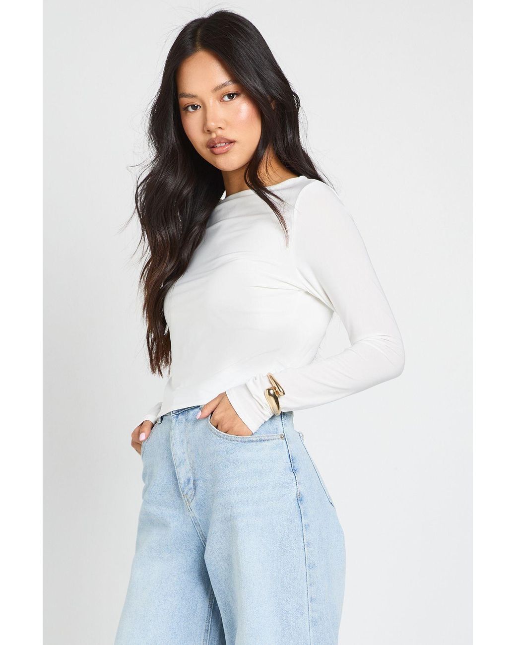 Boohoo Blue Petite Double Layer Slinky Long Sleeve Top