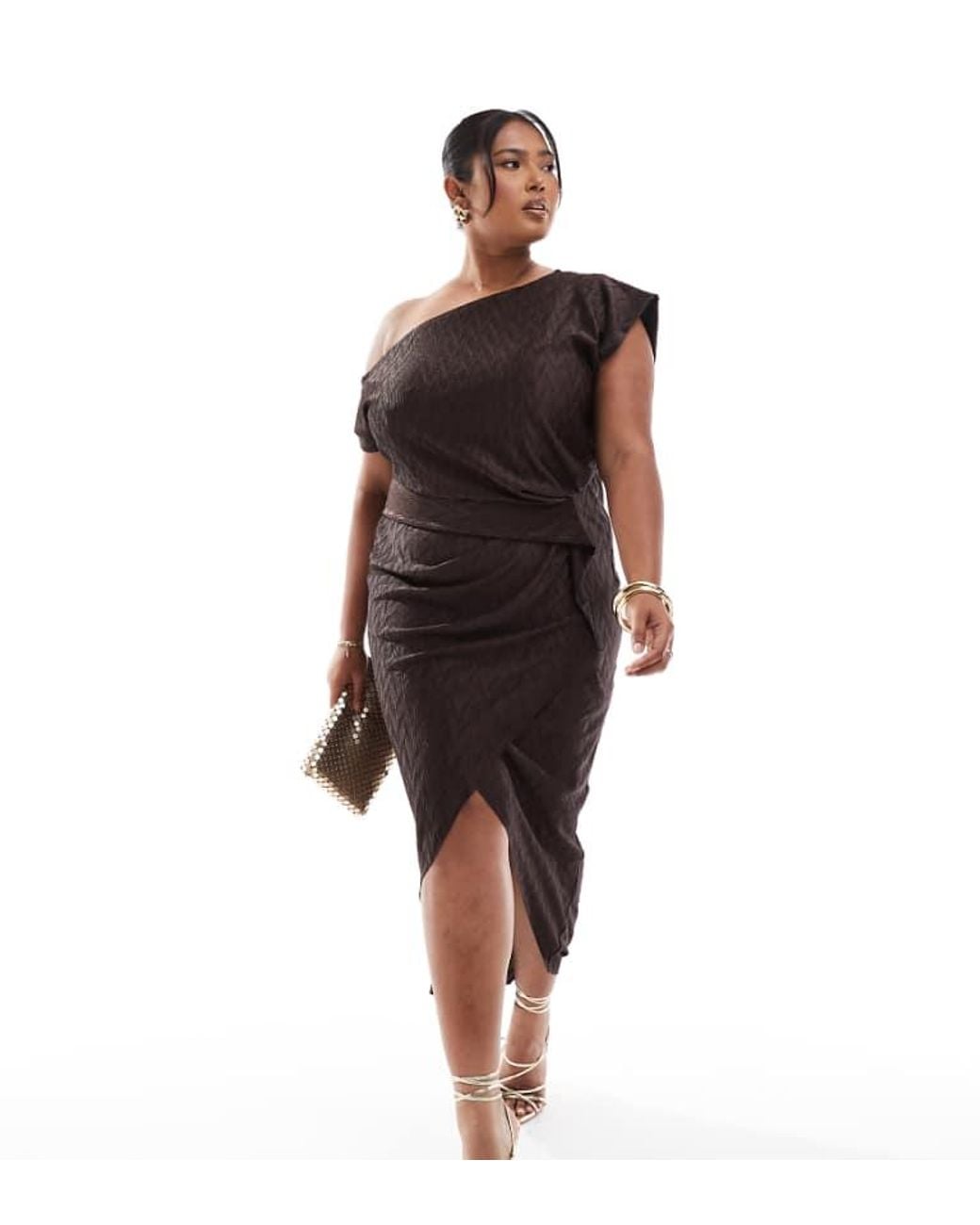 ASOS Brown Design Chevron Plisse High Neck Midi Dress With Cowl Back