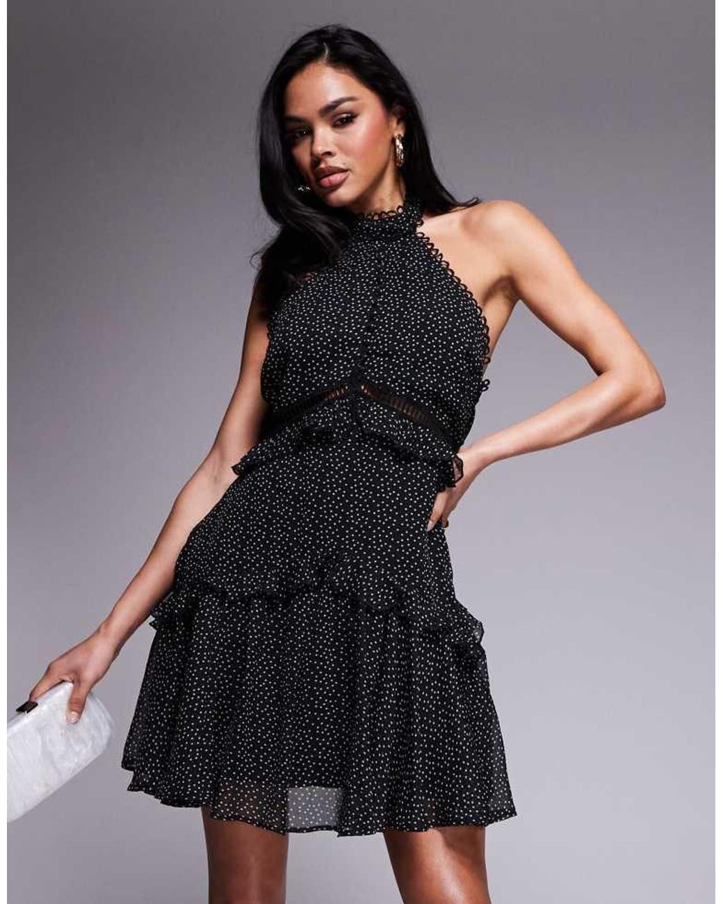 ASOS Black Lace Insert Halter Tiered Mini Dress