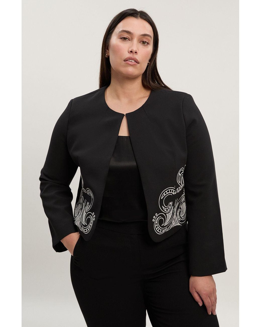 Karen Millen Black Plus Size Tailored Cutwork Detail Collarless Jacket