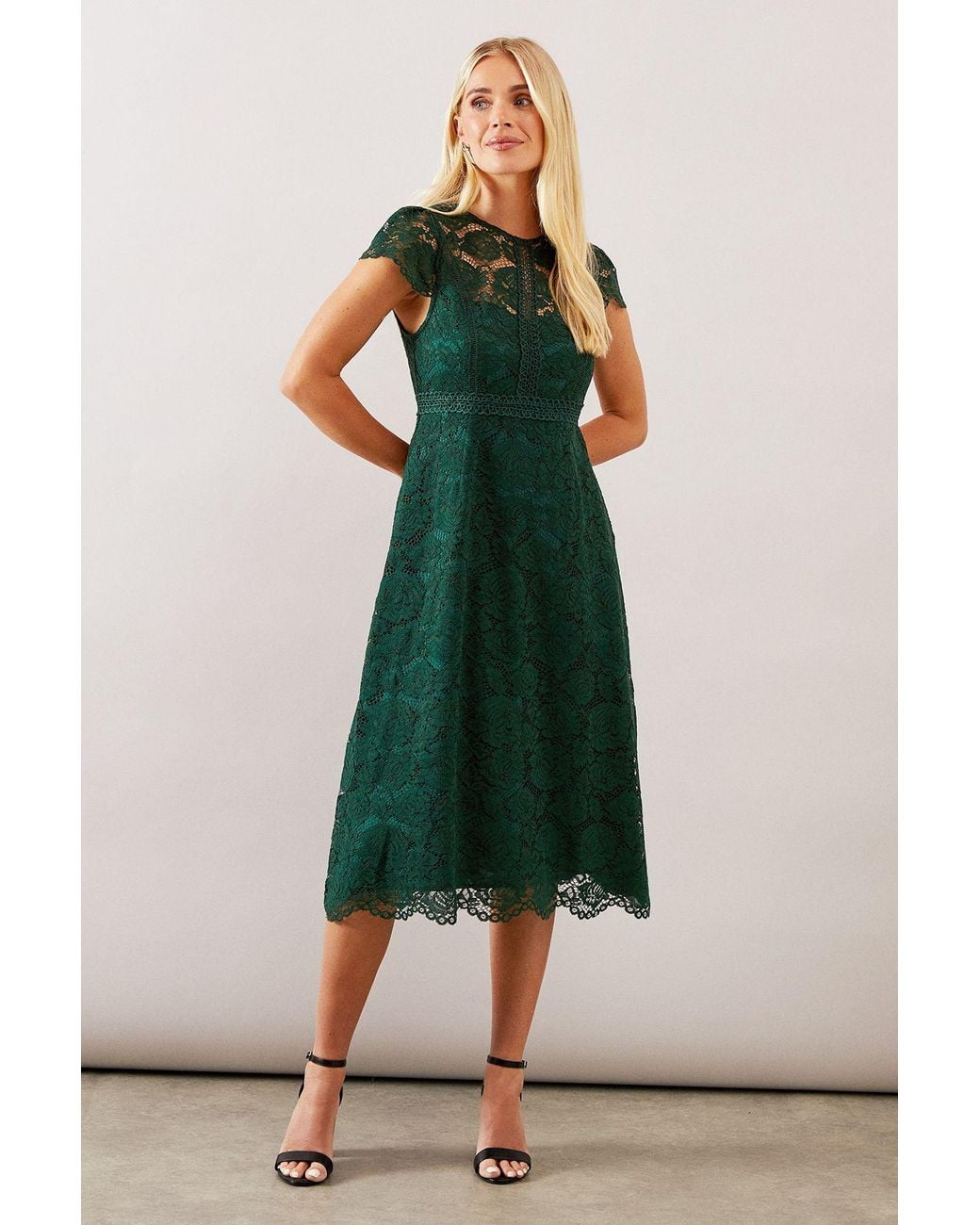 Wallis Petite Lace Fit And Flare Dress in Green | Lyst UK