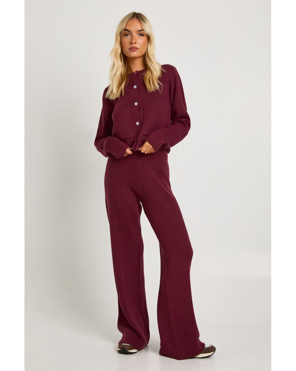 Boohoo Red Pocket Detail Crew Neck Knitted Cardigan And Wide Leg Trouser