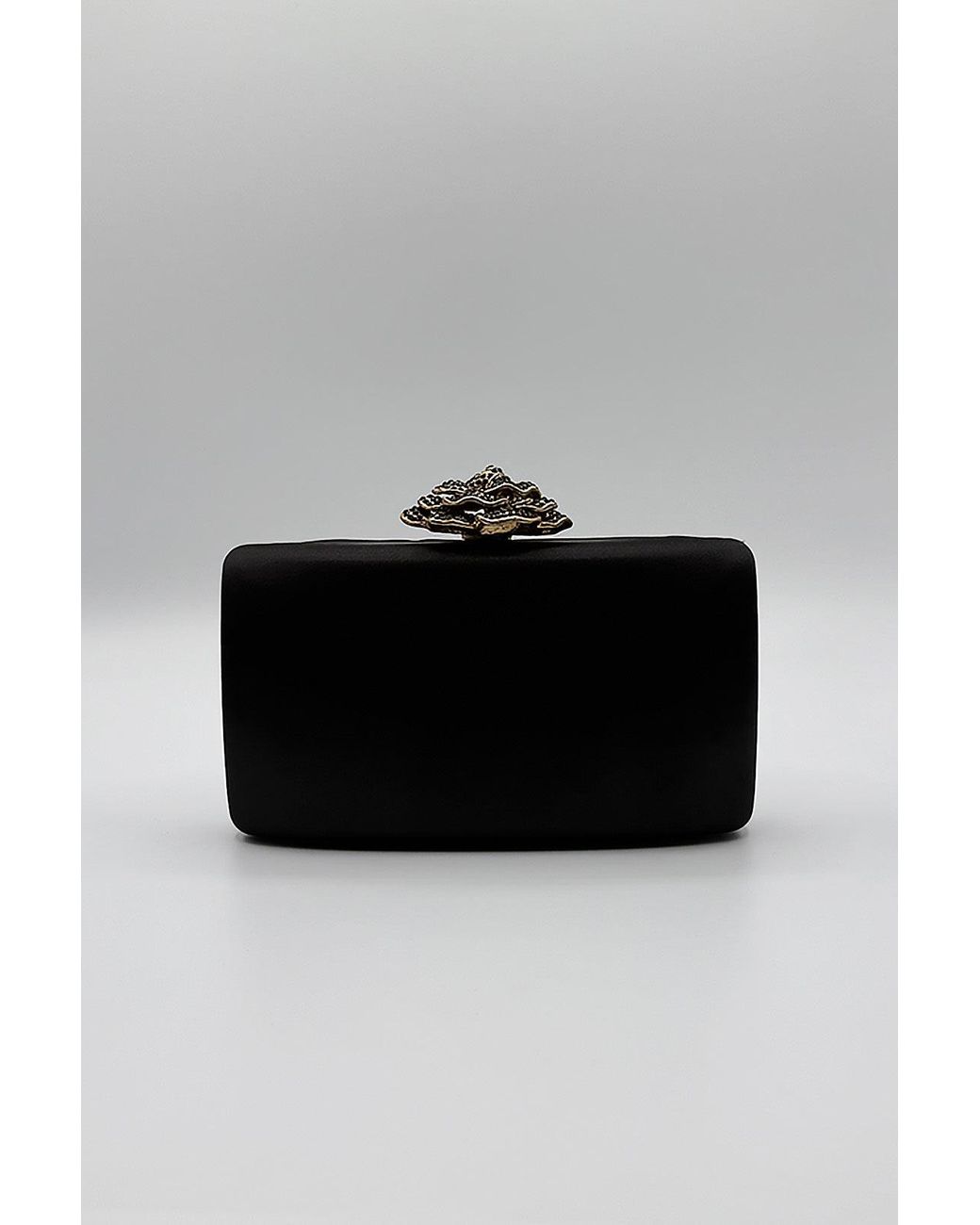 SVNX Black Satin Clutch Bag With Rose Jewel