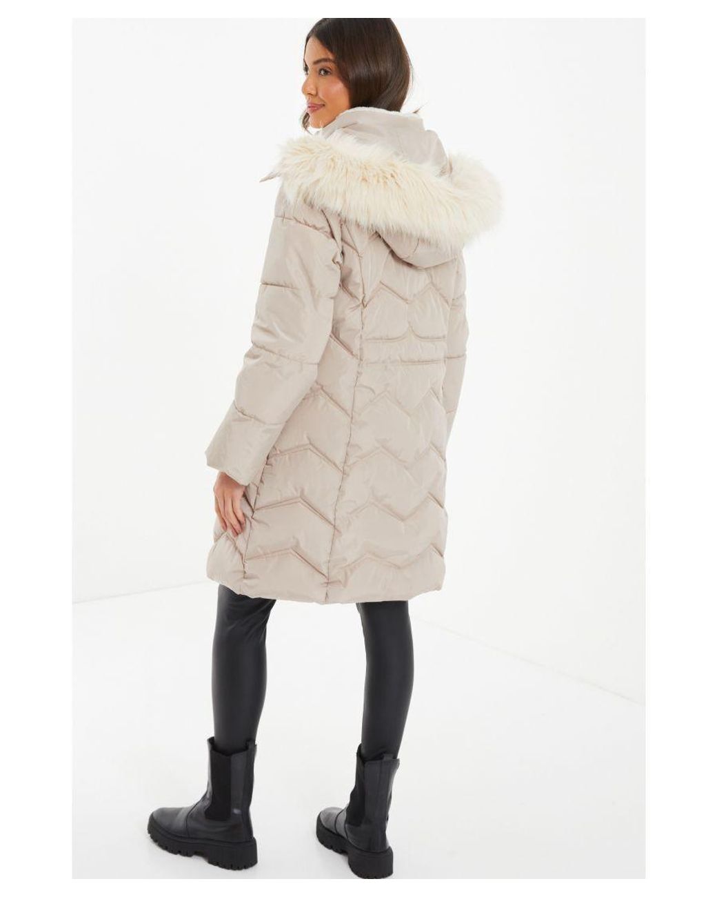 Quiz Stone Padded Faux Fur Hood Parka in Natural Lyst UK